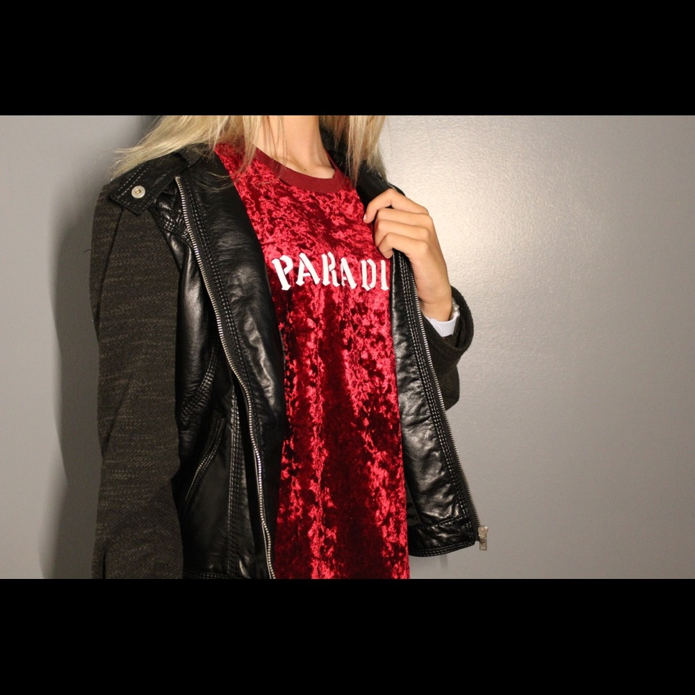 Faux leather jacket with fabric sleeves